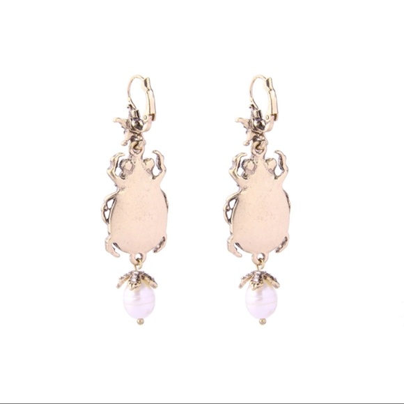 2/$25 Scarab Beetle Skull Faux Pearl Drop Earrings - Picture 5 of 8